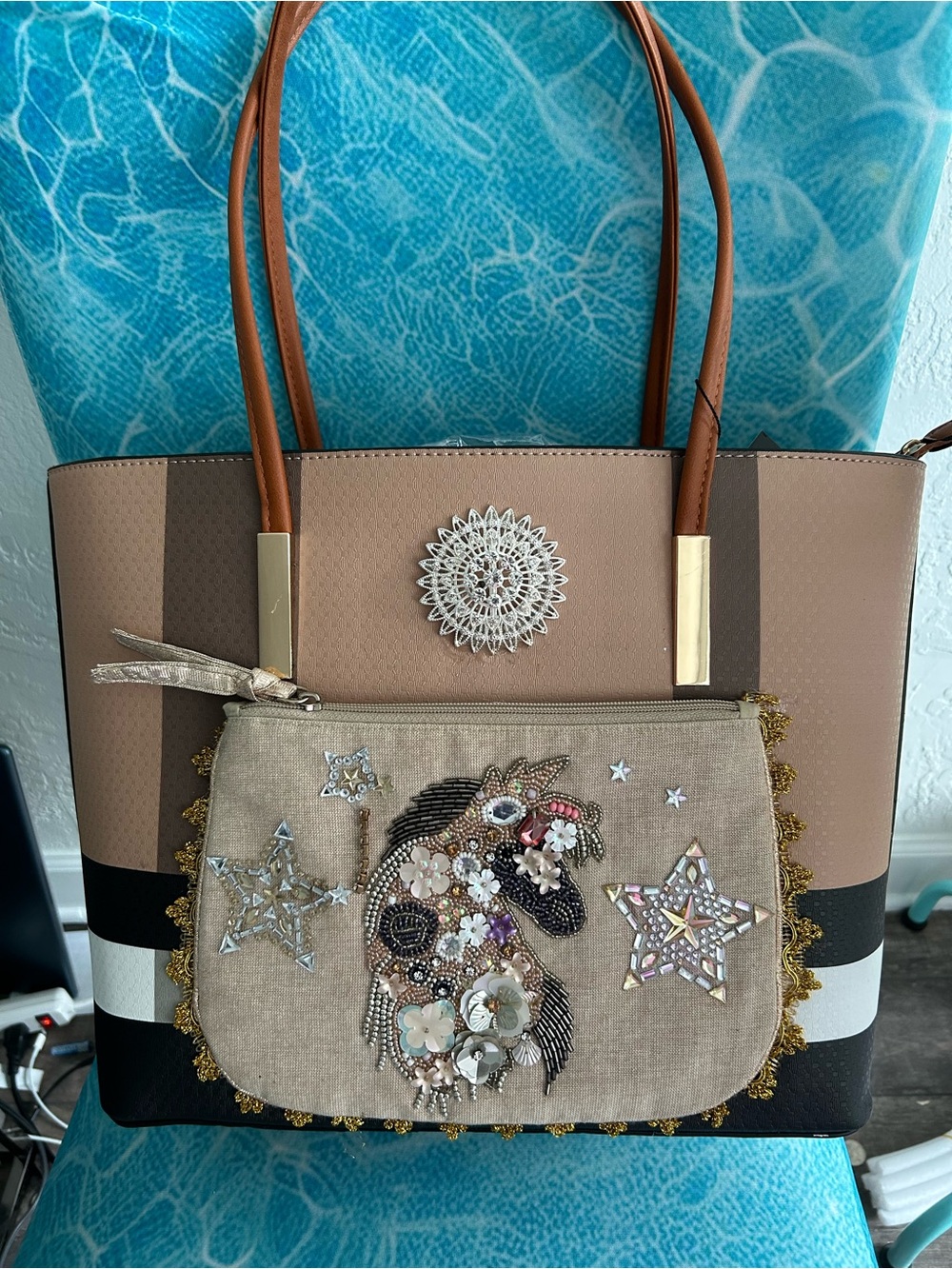 Womens Embellished Rhinestone Tote Bag with Exotic Unicorn. - One of a Kind - Picture 3 of 7